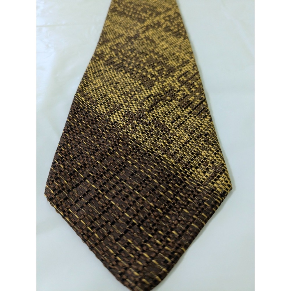 Vintage Mr John Textured Basketweave Silk Tie Retro Yellow/Gold and Brown 53 x 3